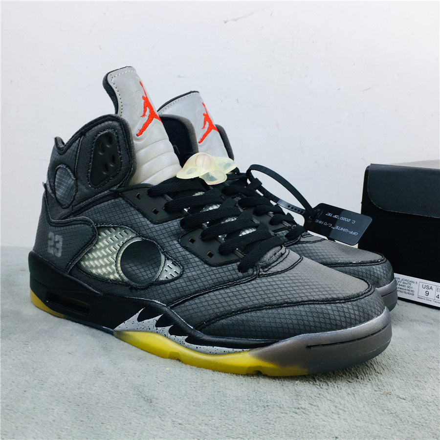 2020 OFF-WHITE x Air Jordan 5 Black Silver Yellow Shoes - Click Image to Close